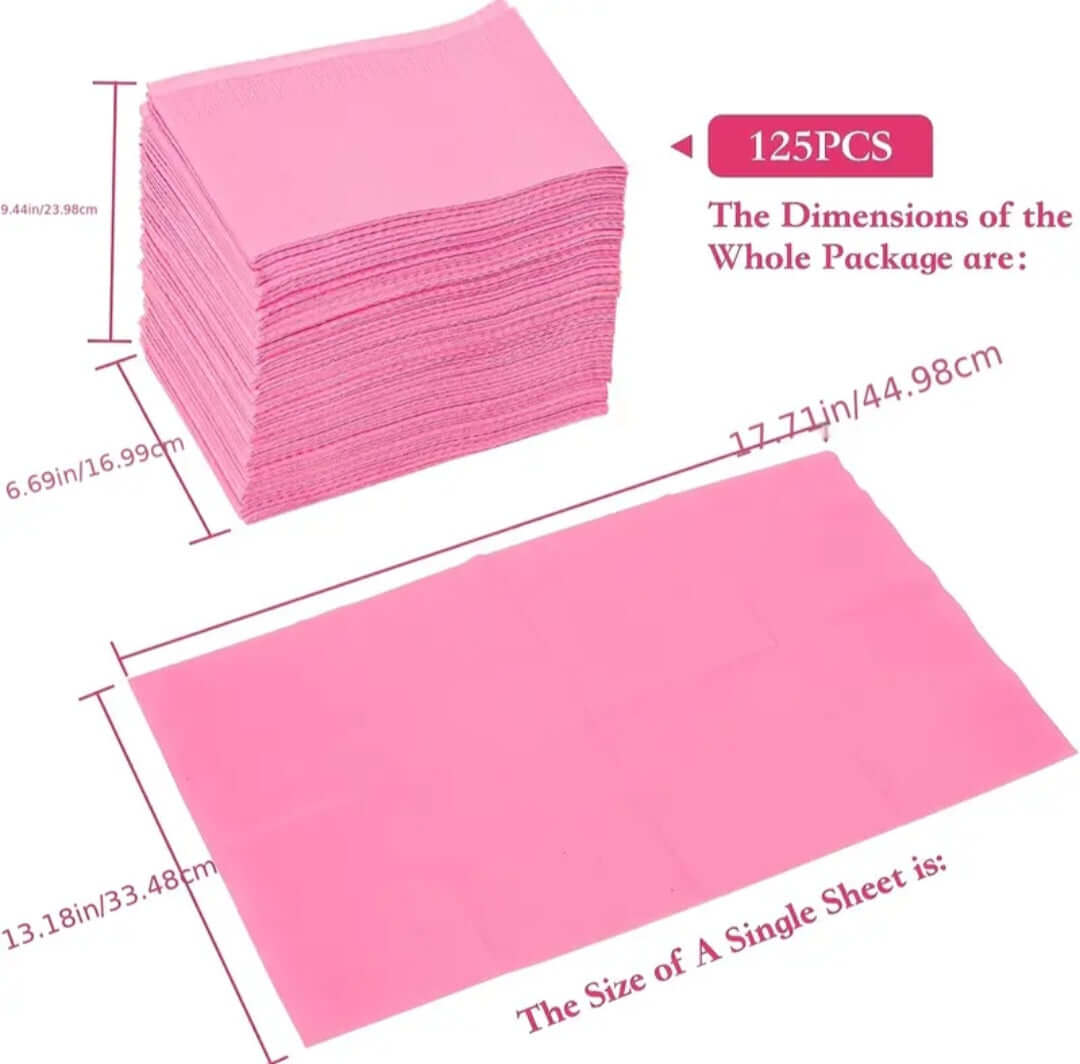125-pack disposable table mats in pink, showing dimensions and individual mat size for easy reference.